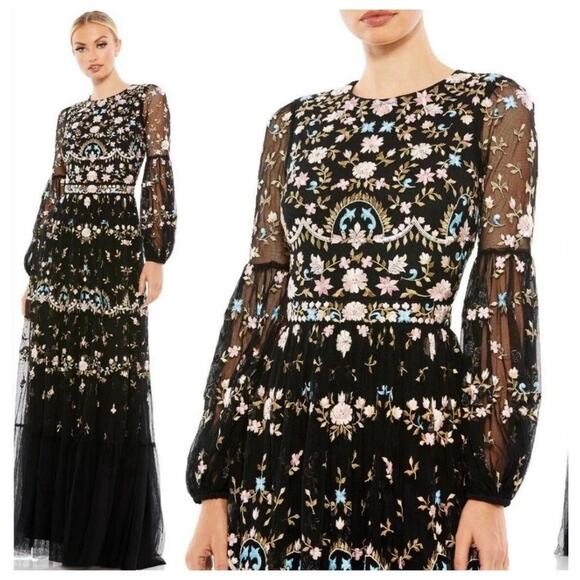 Mac Duggal 35111 Floral Embellished Embroidered Mesh Gown Bishop Sleeve Sz 2 NWT - Picture 4 of 14